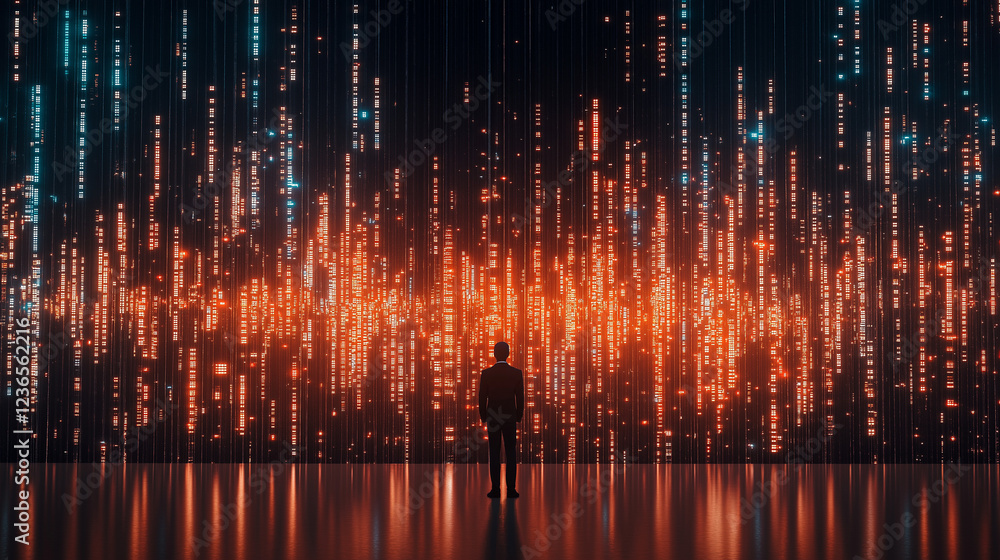 Digital Domain: A lone figure stands silhouetted against a mesmerizing backdrop of cascading digital data streams, rendered in vibrant orange and teal hues. Digital Domain: A lone figure stands silhouetted against a mesmerizing backdrop of cascading digital data streams, rendered in vibrant orange and teal hues.