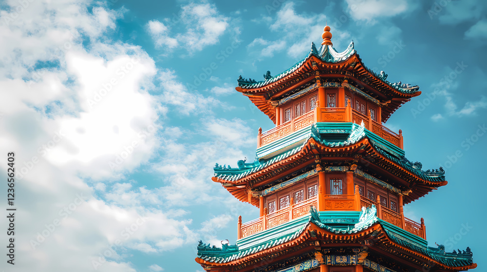 The elegant architecture of a Chinese pagoda standing tall against a blue sky. The elegant architecture of a Chinese pagoda standing tall against a blue sky.