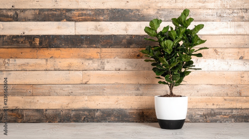 Naklejka premium Fiddle leaf fig in pot against wood wall