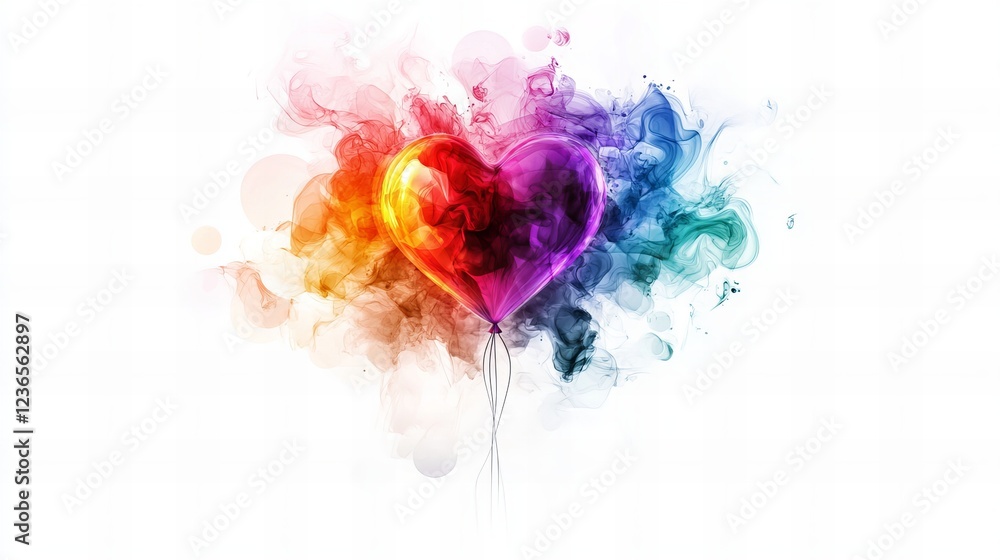Fototapeta premium Rainbow heart-shaped balloon amidst colorful smoke. Love, joy, celebration.