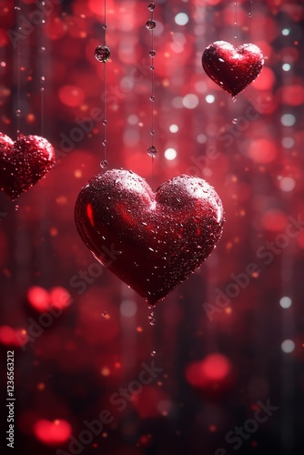 Red Hearts Dripping With Water Against A Bokeh Background.