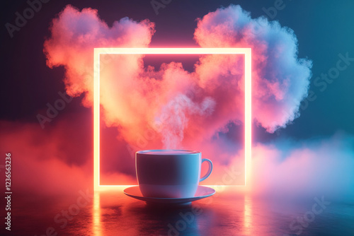 Elegant coffee cup surrounded by colorful steam in an atmospheric setting at night photo