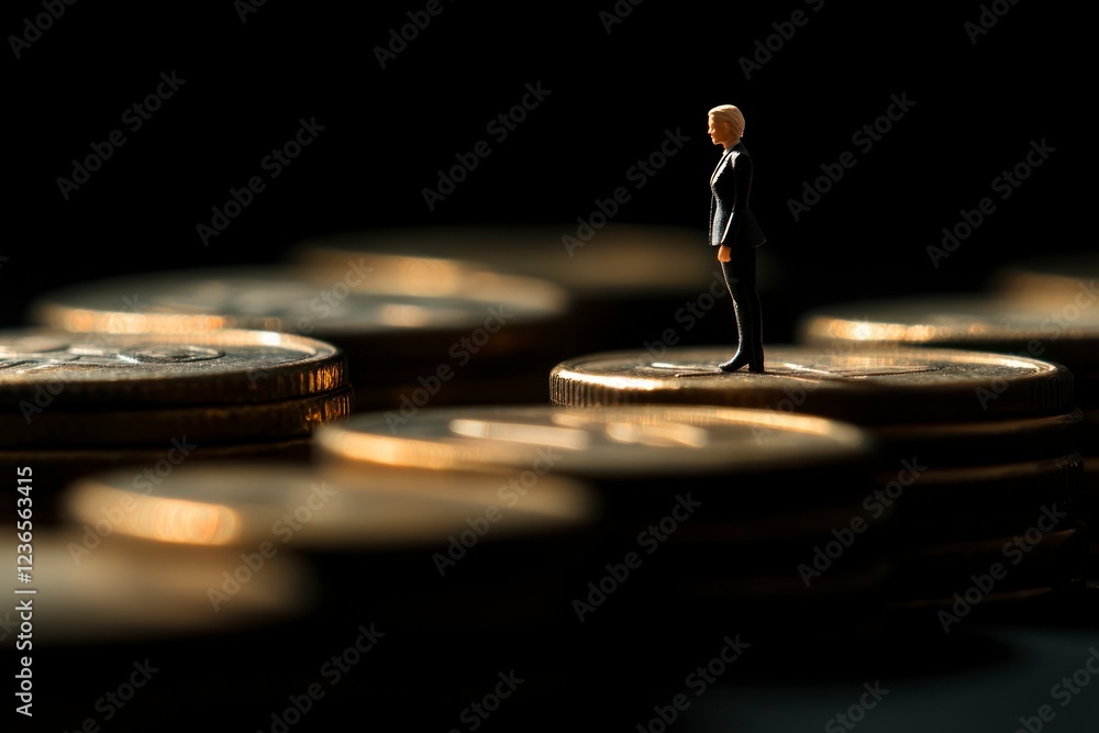 Fototapeta premium Climbing coins with a business person miniature figure on a black background