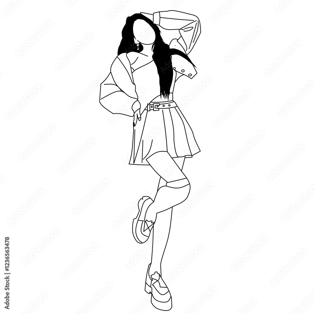 Fototapeta premium A stylish black and white image of a woman with dramatic lines and trendy clothing in a striking pose. Designed with an artistic touch, her unique outfit and confident attitude are appealing.