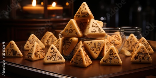 Triangular dice with symbols on a table, candles in background, game concept.