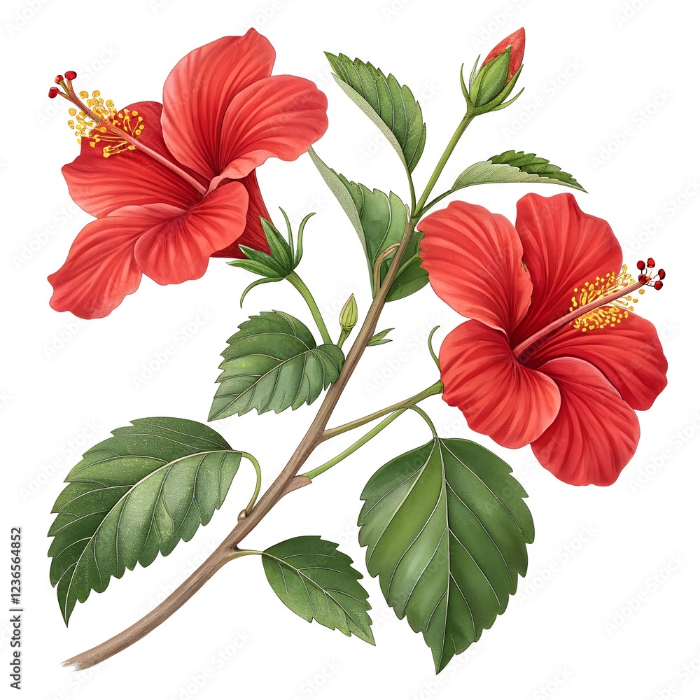 Obraz premium isolated Red Hibiscus Flowers with Green Leaves