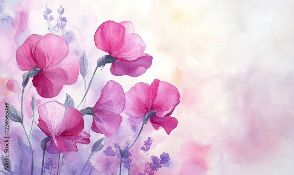 Fototapeta premium Serene watercolor sweet peas in pastel pink and lavender