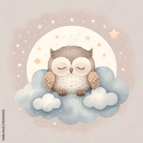 Adorable watercolor owl sleeping on a fluffy cloud with soft pastel stars. A dreamy nursery illustration perfect for baby prints, wall art, greeting cards, and bedtime-themed designs