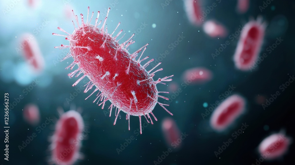 Fototapeta premium Potential Health Effects. Microscopic view of red bacteria with a detailed structure in a dark background.