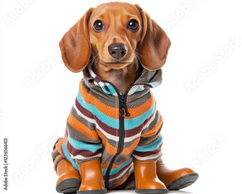 pet fashion influencer concept. A cute dachshund wearing a colorful striped hoodie and brown booties, sitting adorably on a white background. photo