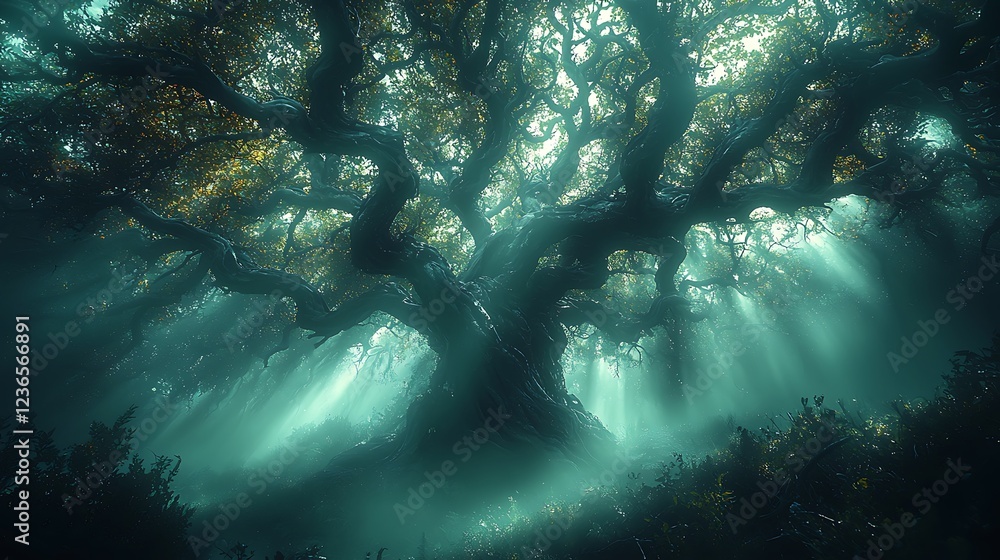 Fototapeta premium Ancient tree in mystical forest, sun rays, fantasy art, game background.