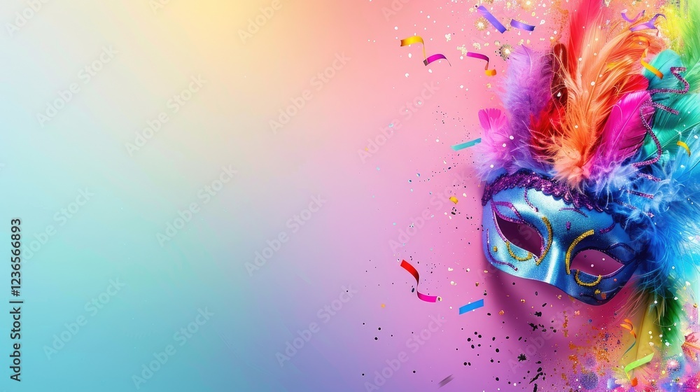 Fototapeta premium Striking Blue Carnival Mask With Colorful Feathers