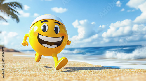 Cartoon smiley with sweatband running by the seashore