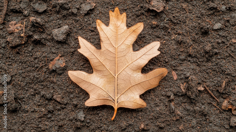 close up of single dead leaf resting on dark soil, showcasing its intricate details, Global Warming and Climate Crisis Themed