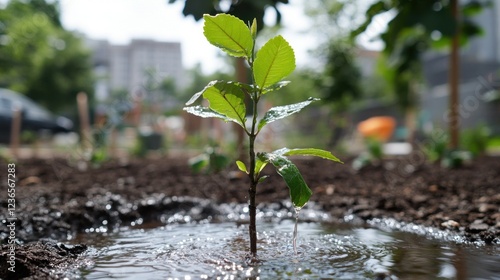 New Life Sprouting: A Young Sapling Receives Life-Giving Water photo