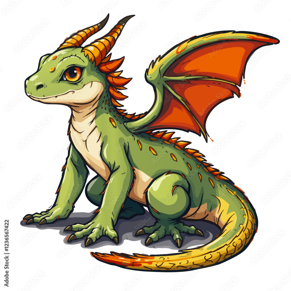 Fototapeta premium a green dragon with orange wings and a red tail, sitting on the ground