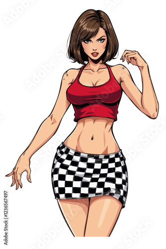 a picture of a woman in a red top and black and white checkered shorts

