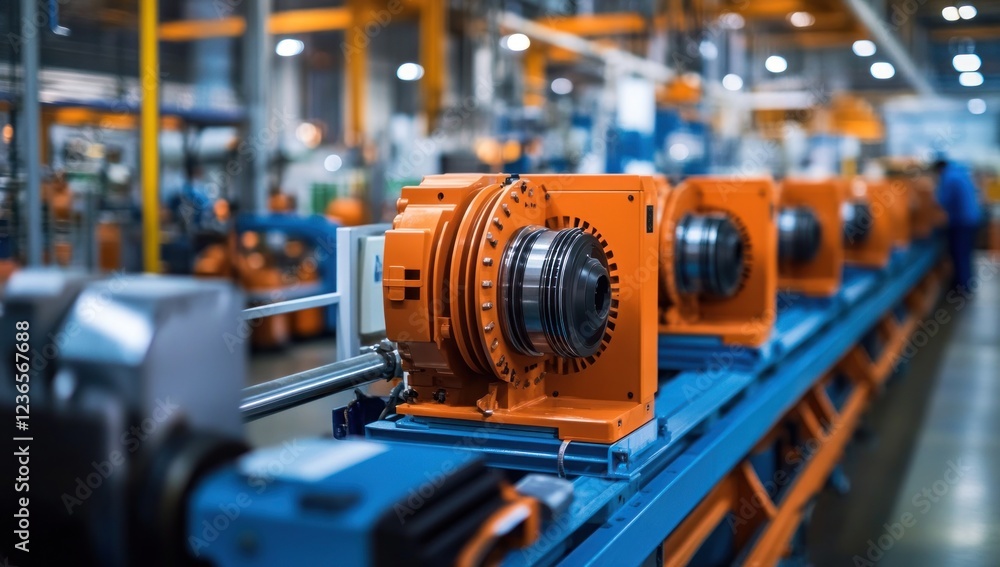 Assembly Line of Orange Industrial Machines in a Modern Factory Assembly Line of Orange Industrial Machines in a Modern Factory
