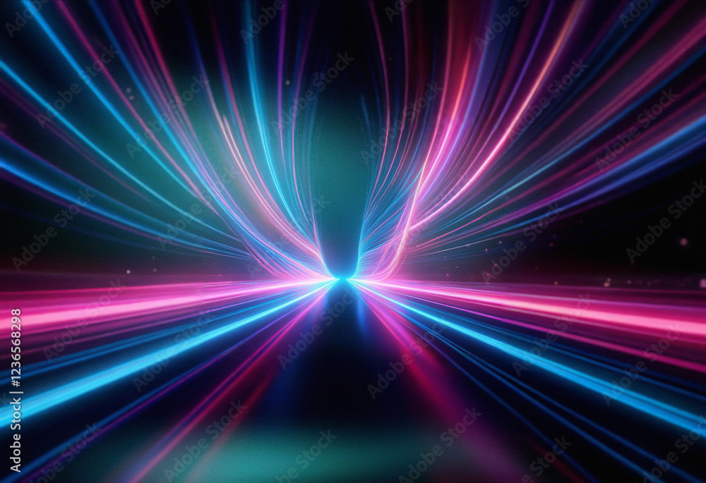 Obraz premium Abstract sci-fi background featuring a double exposure effect. Glowing pink and blue light trails converge, creating a dynamic, futuristic tunnel.