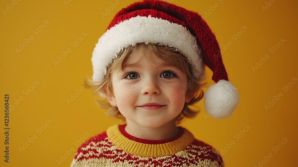 Child in Santa hat, Christmas sweater, yellow background, holiday portrait. Child in Santa hat, Christmas sweater, yellow background, holiday portrait.