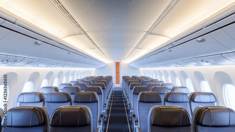 Fototapeta premium Empty Airplane Cabin Interior with Bright Lighting