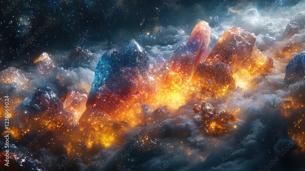 Celestial Crystal Mountains Glowing In Cosmic Clouds Celestial Crystal Mountains Glowing In Cosmic Clouds