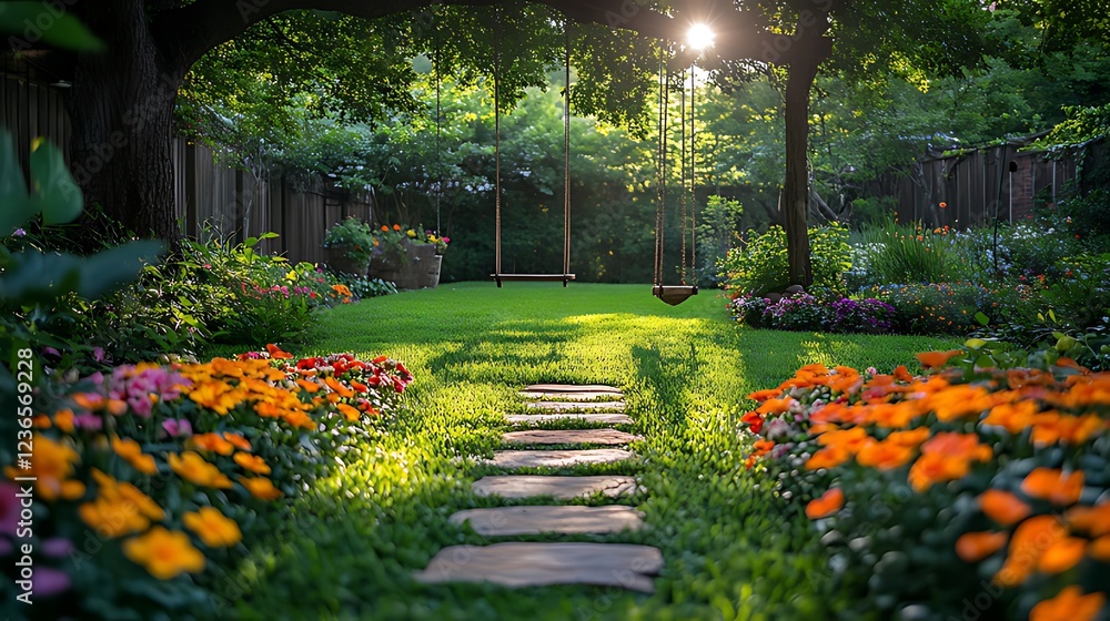 Obraz premium Sunlit garden path leads to a wooden swing under a tree, surrounded by colorful flowers and lush green grass.
