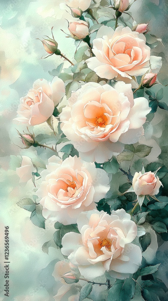 Soft pink roses bloom gracefully in a serene arrangement surrounded by gentle greenery in a tranquil setting Soft pink roses bloom gracefully in a serene arrangement surrounded by gentle greenery in a tranquil setting