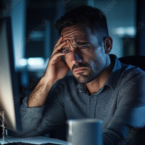 Man experiencing stress while working late at a computer in a dimly lit office environment photo