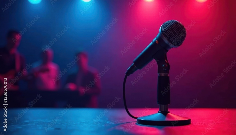 Obraz premium Stage microphone with blurred background, vibrant lighting, concert, equipment, background