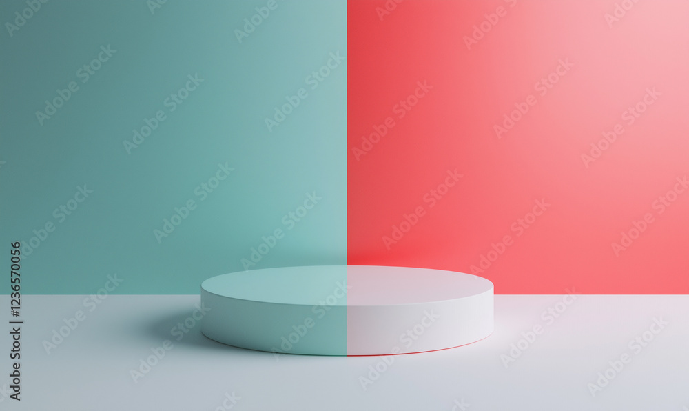 Minimalist display podium set against contrasting teal and red walls, ideal for product showcasing. Minimalist display podium set against contrasting teal and red walls, ideal for product showcasing.