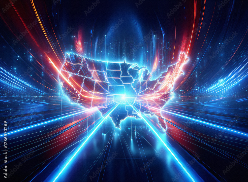 Fototapeta premium Abstract sci-fi double exposure image. A glowing map of the USA is depicted, streaked with vibrant light trails against a dark background, suggesting rapid technological advancement and connectivity.