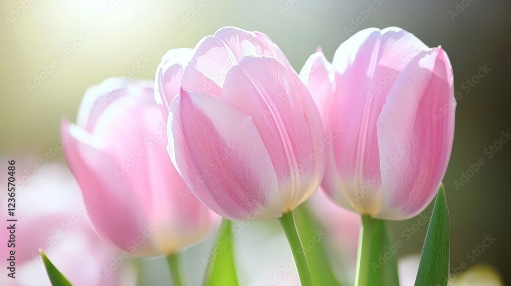 Fototapeta premium Pink Tulips in Bloom A Close-Up of Spring Beauty, Vivid Colors, Soft Focus Background