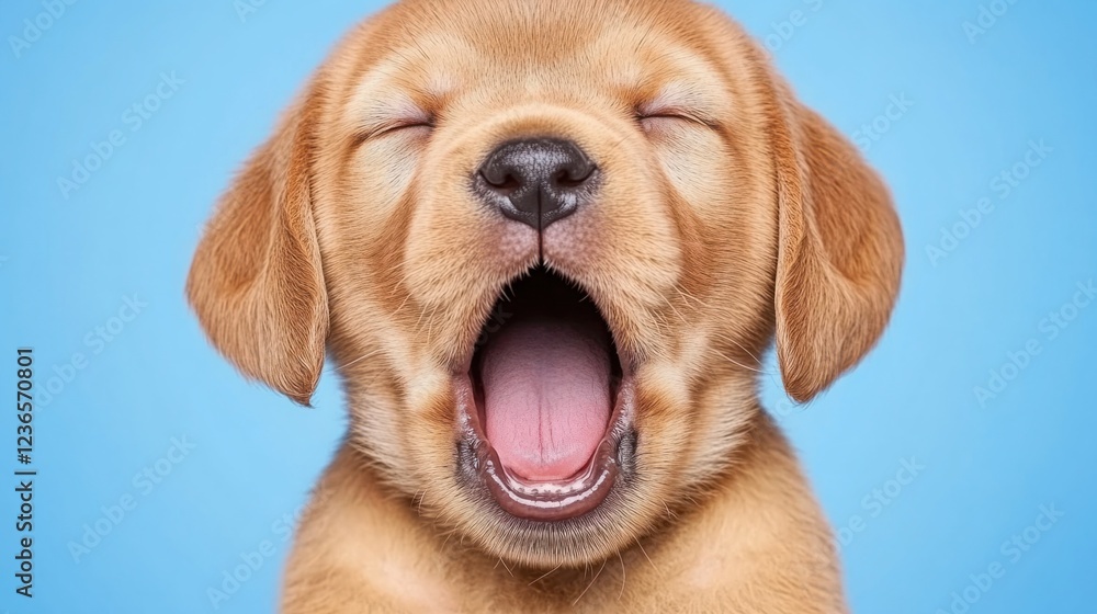 Cute Golden Retriever Puppy Yawning with Bright Blue Background, Adorable Expression, Playful, Fluffy Features, Captivating Pet Portrait Cute Golden Retriever Puppy Yawning with Bright Blue Background, Adorable Expression, Playful, Fluffy Features, Captivating Pet Portrait