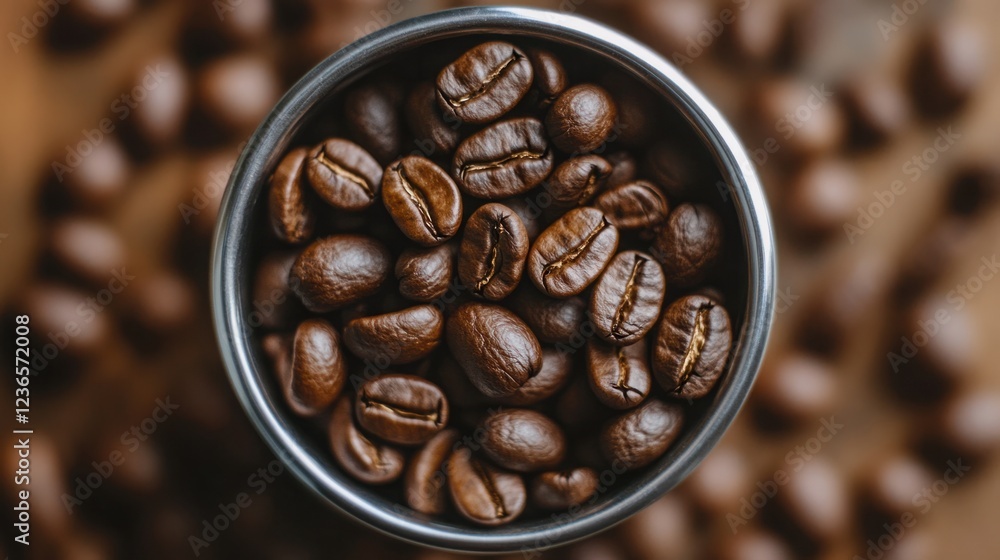 Fototapeta premium Close-Up of Brown Coffee Beans in Metal Bowl on Wooden Table Surrounded by Coffee Beans Showcasing Rich Texture and Natural Aroma