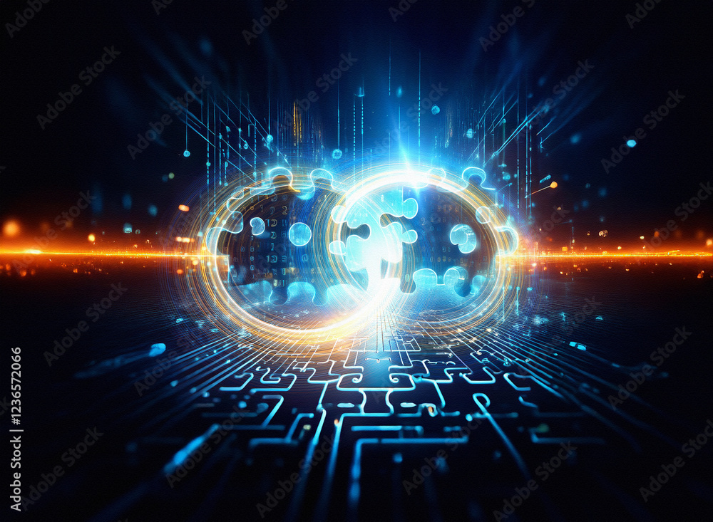 Obraz premium Abstract sci-fi double exposure image. Glowing rings of interconnected puzzle pieces on a circuit board background. Bright energy flows between them.