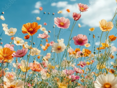 Wallpaper Mural Colorful flowers bloom in a vast field under a bright blue sky during spring, showcasing a vibrant mix of colors and textures that enhance the natural landscape Torontodigital.ca