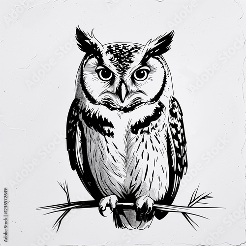 Owl art black and white flat design simple line hand drawing on plain white background