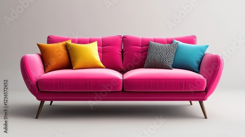 Bright pink sofa with colorful pillows draws attention in modern living room setting during daytime