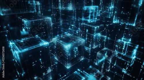 Abstract digital cubes in a dark environment with glowing blue lines and points