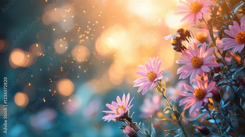 Fototapeta premium close up of bumblebee collecting nectar from pink flowers, surrounded by dreamy, glowing background. scene captures beauty of nature and importance of pollinators
