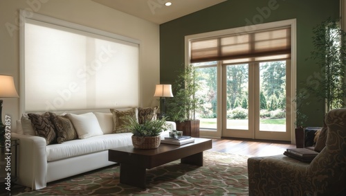 Zen living space. Tranquil living room with natural light, white sofa, indoor plants and green accent wall creating peaceful atmosphere.
