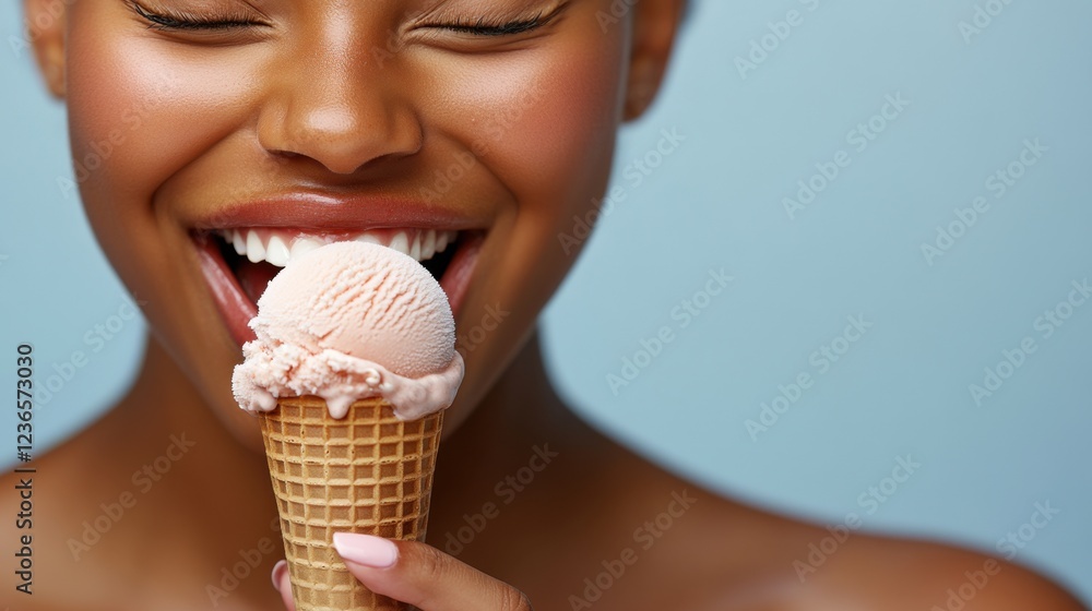 Enjoying a delicious scoop of ice cream on a sunny day with a joyful expression and vibrant colors enhancing the mood Enjoying a delicious scoop of ice cream on a sunny day with a joyful expression and vibrant colors enhancing the mood