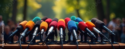 A forest of microphones at a press conference podium , press conference, communication