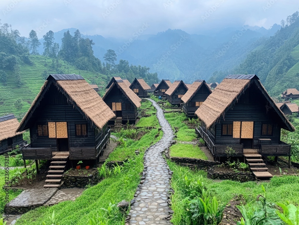 Obraz premium Scenic village with traditional houses nestled in green hills under a cloudy sky showcasing nature's beauty and serene architecture in rural setting