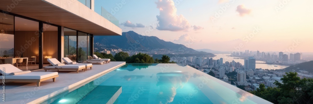Fototapeta premium Sleek minimalist home, infinity pool overlooking cityscape, building, contemporary