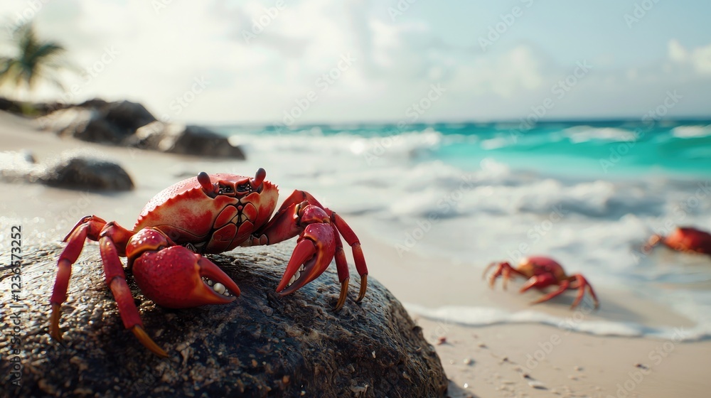 Red Crabs on Tropical Beach Rock Red Crabs on Tropical Beach Rock