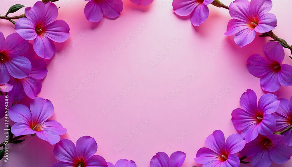 A pink oval frame with purple flowers around the edges A pink oval frame with purple flowers around the edges