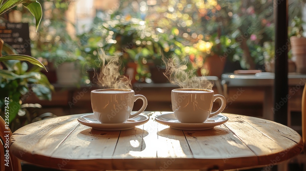 Cozy cafe setting with steaming coffee cups on wooden table, surrounded by lush greenery. perfect spot for relaxation and conversation Cozy cafe setting with steaming coffee cups on wooden table, surrounded by lush greenery. perfect spot for relaxation and conversation