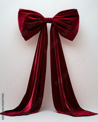 Large red velvet bow decoration hanging against a plain white background, creating an elegant and festive atmosphere suited for various occasions